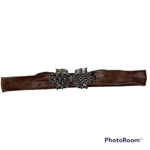 Vintage Moss Mills Art Deco Enamel Buckle Leather Adjustable Belt 32" Long